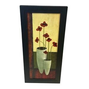 Red Poppy Flowers Tall White Vases Yellow Background Framed Art Print Wall Art